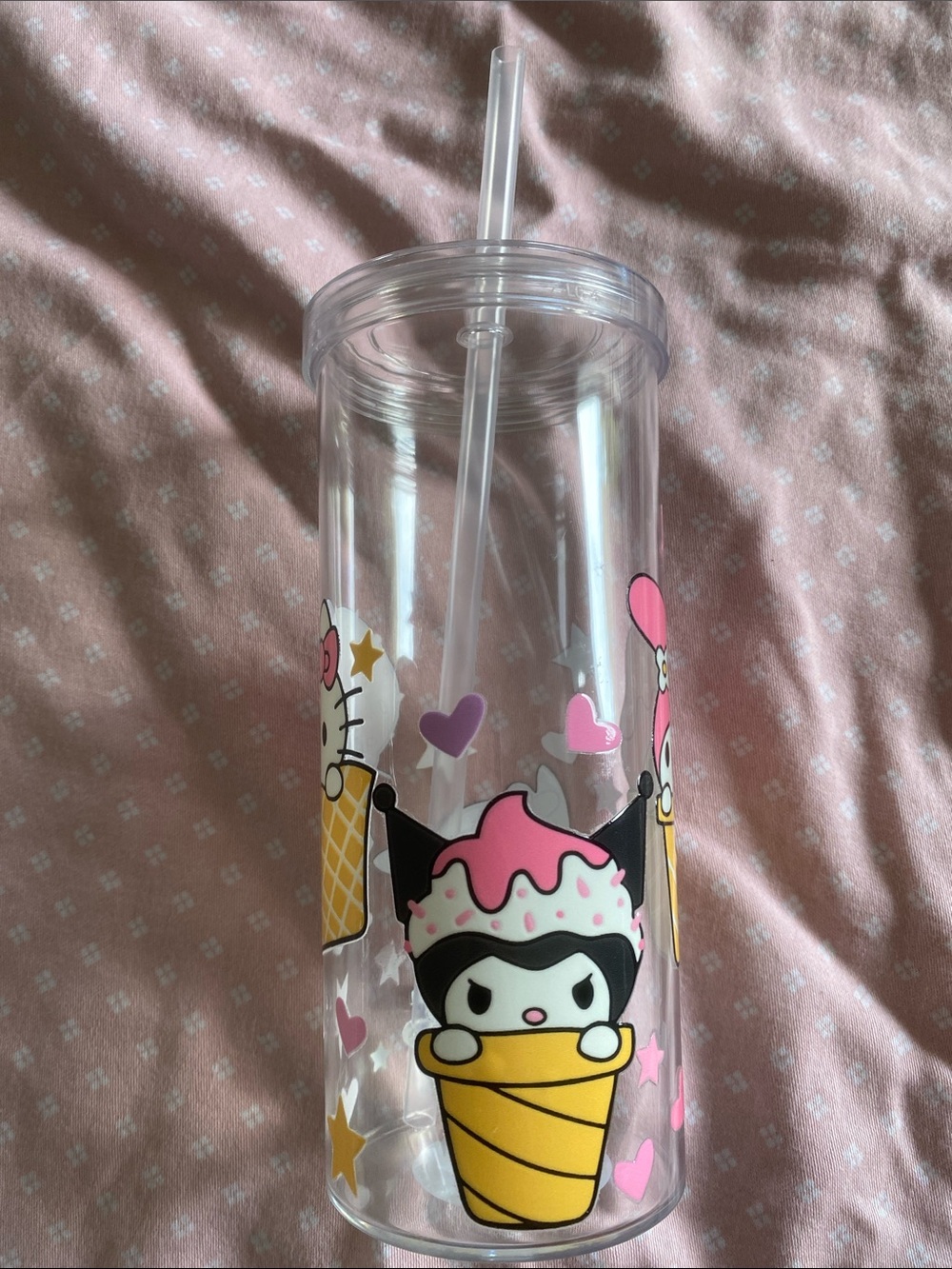 NEW Cute Pink Character Ice Cream Acrylic Tumbler with Straw🩷🖤